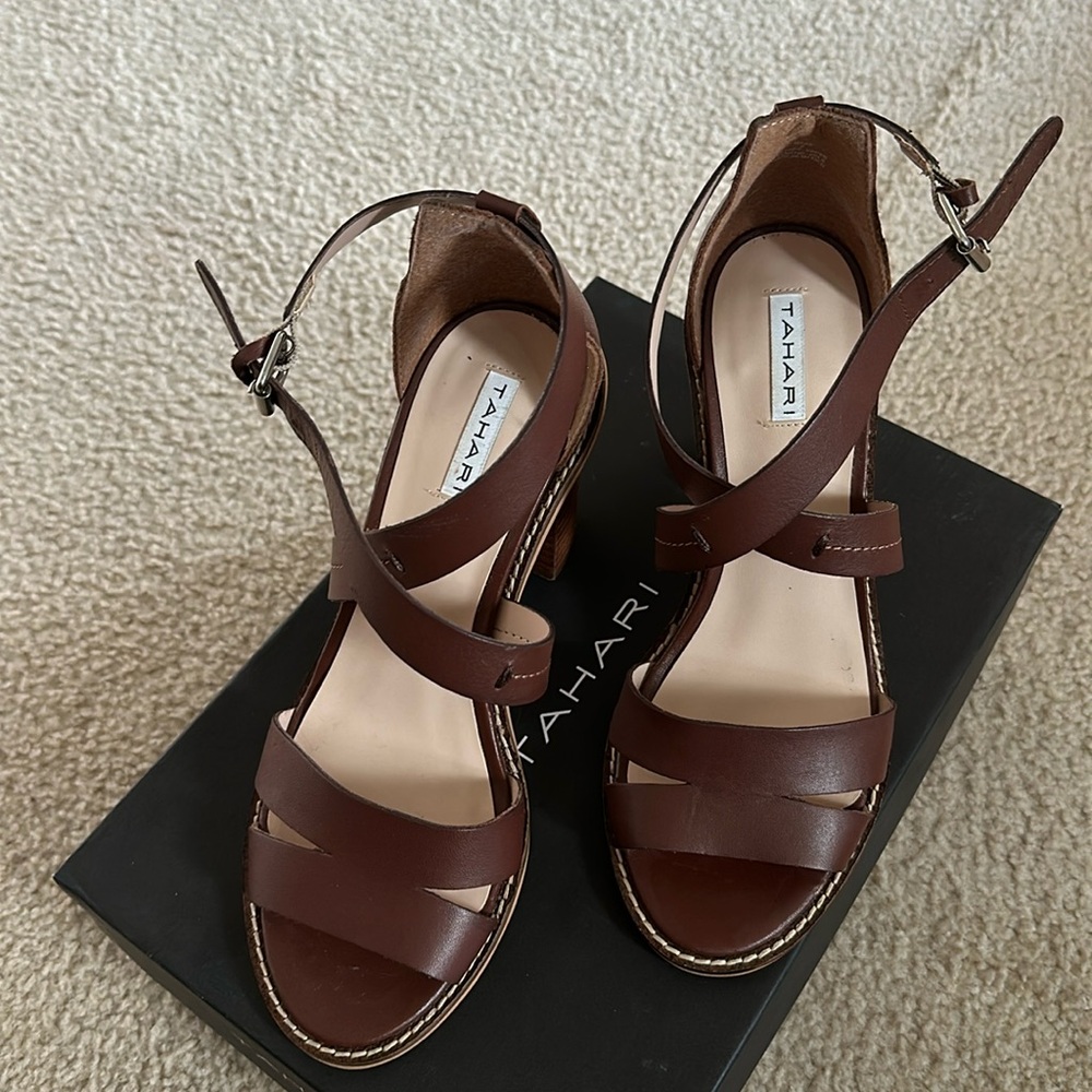 Size 8 Tahari brown leather sandal with 3.5 inch heel